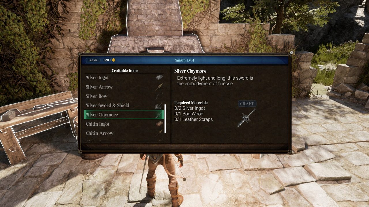 Official Sunken Realms screenshot: the Smithy crafting menu open over a sunlit stone courtyard, listing a Silver Claymore with its required materials.