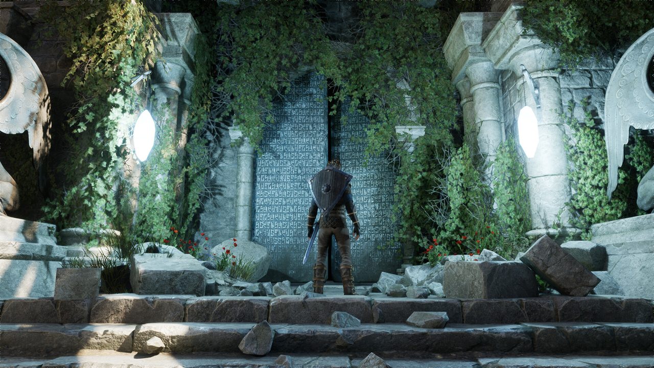 Official Sunken Realms screenshot: an adventurer with a shield and sword faces a sealed stone door covered in carved rune rows, framed by ivy-covered columns and two glowing lamps.