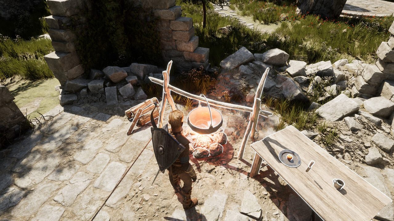 Official Sunken Realms screenshot: a shield-carrying adventurer stands before a campfire with a hanging cooking pot in a sunlit camp among stone ruins.